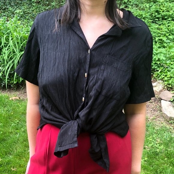 Vintage Tops - Vintage Black Button Up Crepe Shirt